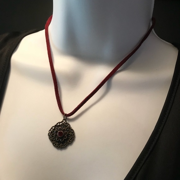 Vintage Necklace on Burgundy Cord - Picture 2 of 4